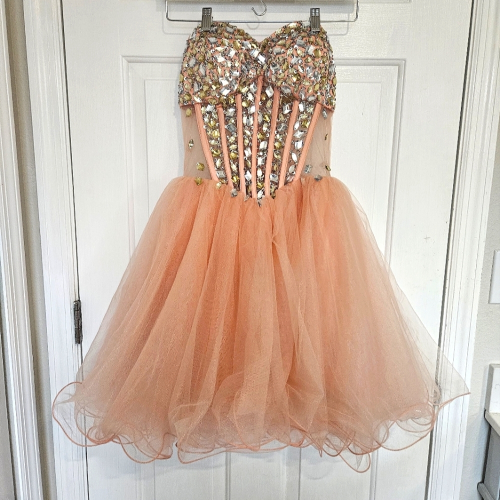Bee Darlin Rhinestone Jewel Dress Peach~ Size Small Juniors